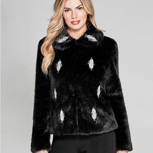 Guess Black Diamond Embellished Faux Fur Cropped Jacket